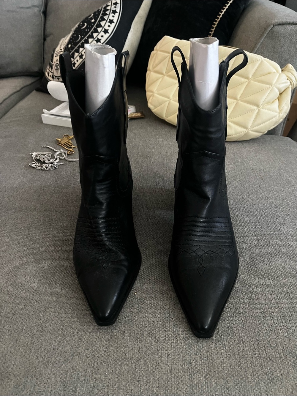 Davis Brand Black Leather Pointed Toe Western Ankle Boots
